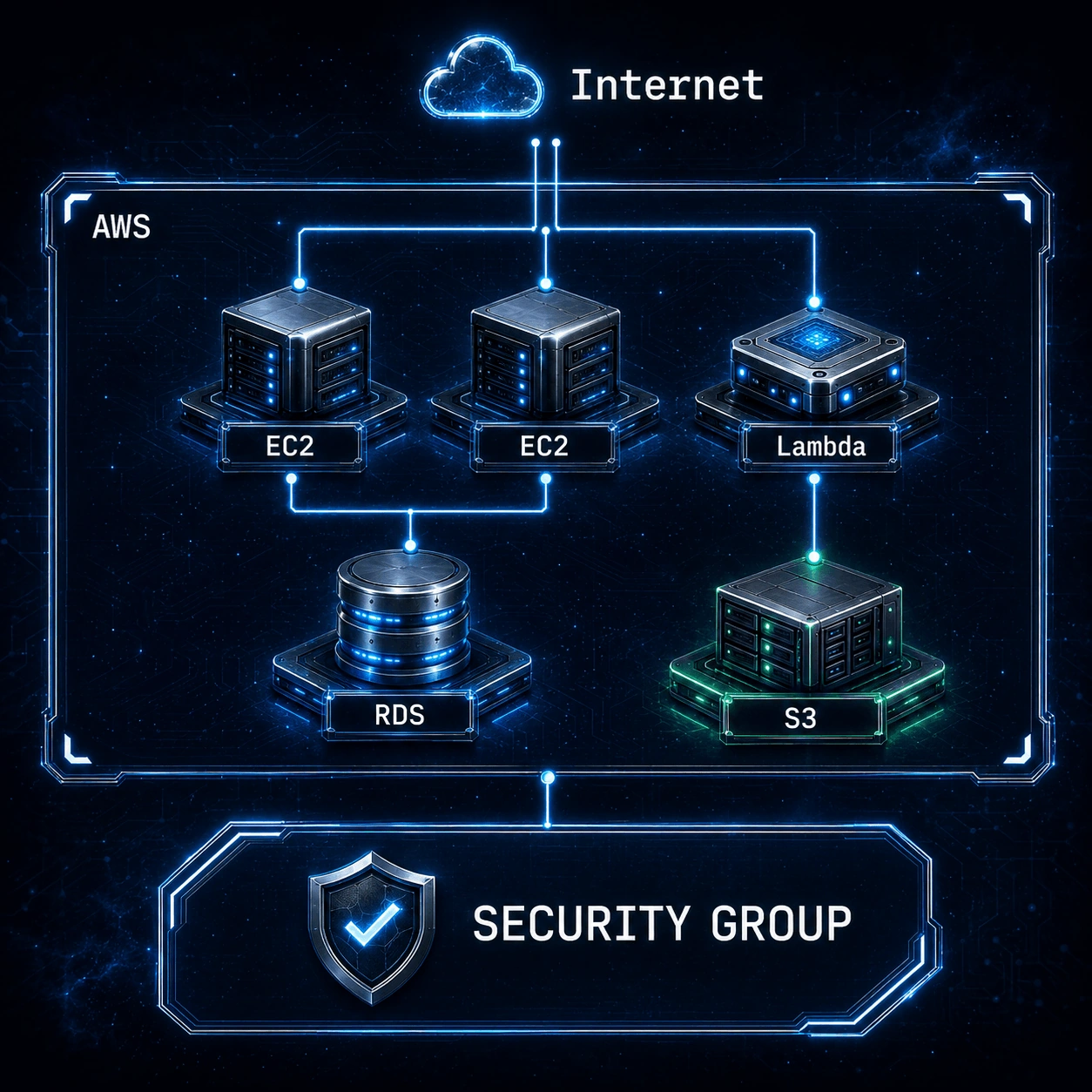Internetから、AWS上のEC2・Lambda・RDS・S3をSecurity Groupで保護する構成イメージ