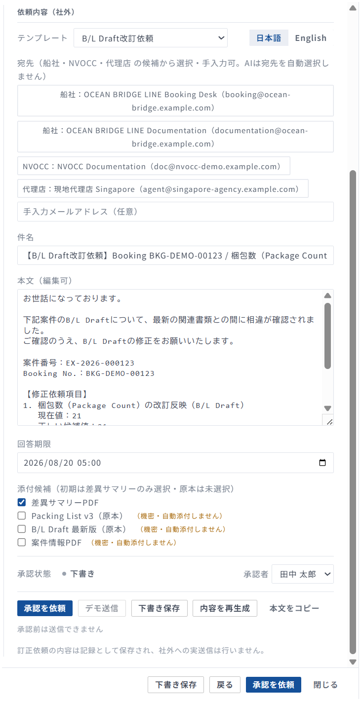 NEXA-ONEのメールドラフト画面。B/L Draft改訂依頼のテンプレートを選び、船社・NVOCC・代理店の宛先候補、件名、修正依頼項目を含む本文、回答期限、添付候補、承認者と承認依頼のボタンを表示している。AIは宛先を自動選択せず、承認前は送信できない旨が明記されている。